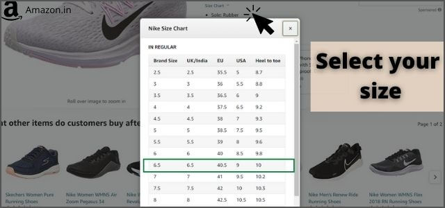 how to select shoe size on amazon India