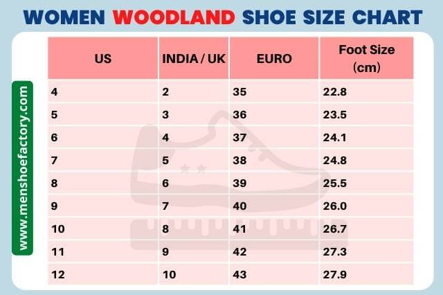 woodland women's shoes size chart